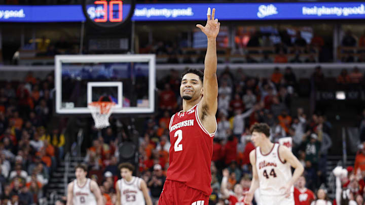 Mar 13, 2026; Chicago, IL, USA; Wisconsin Badgers guard Nick Boyd (2) celebrates during the second half at United Center. Mar 13, 2026; Chicago, IL, USA; Wisconsin Badgers guard Nick Boyd (2) celebrates during the second half at United Center.