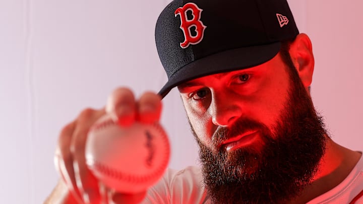 Feb 18, 2025; Lee County, FL, USA; Boston Red Sox pitcher Lucas Giolito (54) participates in media day at JetBlue Park at Fenway South. Mandatory Credit: Nathan Ray Seebeck-Imagn Images