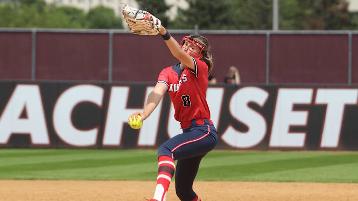 Central Catholic's Elisabeth Kearny winds up to throw a pitch during the 2023 MIAA Division I Softball championship game against Taunton.