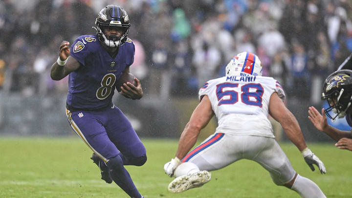 Oct 2, 2022; Baltimore, Maryland, USA; Baltimore Ravens quarterback Lamar Jackson (8) cuts in front of Buffalo Bills linebacker Matt Milano (58) during the second half  at M&T Bank Stadium. Mandatory Credit: Tommy Gilligan-Imagn Images