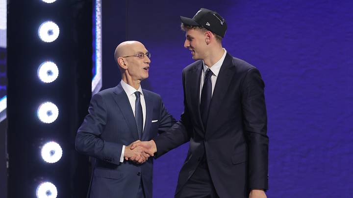 Jun 23, 2026; New York, NY, USA; NBA commissioner Adam Silver greets the fourteenth pick in the 2026 NBA draft, Washington forward Hannes Steinbach after he was selected by the Charlotte Hornets at Barclays Center. Mandatory Credit: Brad Penner-Imagn Images Jun 23, 2026; New York, NY, USA; NBA commissioner Adam Silver greets the fourteenth pick in the 2026 NBA draft, Washington forward Hannes Steinbach after he was selected by the Charlotte Hornets at Barclays Center. Mandatory Credit: Brad Penner-Imagn Images