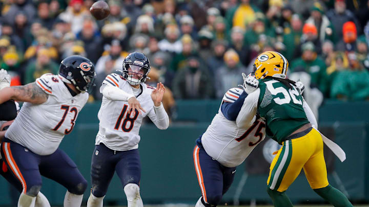 Caleb Williams stands and fires against the Packers last season at Lambeau Field, his only road victory.