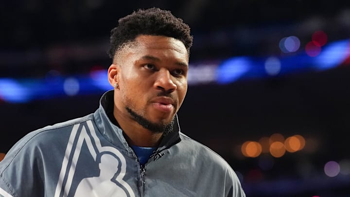 Feb 15, 2026; Inglewood, California, USA; Team World forward Giannis Antetokounmpo (34) of the Milwaukee Bucks looks on during the 75th NBA All Star Game at Intuit Dome. Mandatory Credit: Kirby Lee-Imagn Images Feb 15, 2026; Inglewood, California, USA; Team World forward Giannis Antetokounmpo (34) of the Milwaukee Bucks looks on during the 75th NBA All Star Game at Intuit Dome. Mandatory Credit: Kirby Lee-Imagn Images