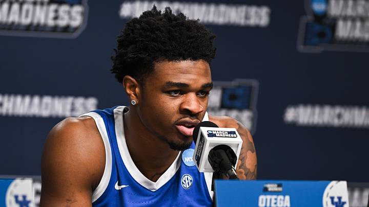 Mar 22, 2026; St. Louis, MO, USA; Kentucky Wildcats guard Otega Oweh (00) speaks during the postgame press conference after the game against the Iowa State Cyclones during a second round game of the men's 2026 NCAA Tournament at Enterprise Center. Mandatory Credit: Jeff Le-Imagn Images