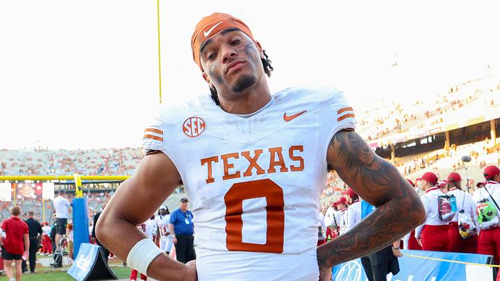 Texas Longhorns wide receiver DeAndre Moore Jr. (0) reacts after the game against the Oklahoma Sooners at the Cotton Bowl. Texas Longhorns wide receiver DeAndre Moore Jr. (0) reacts after the game against the Oklahoma Sooners at the Cotton Bowl.