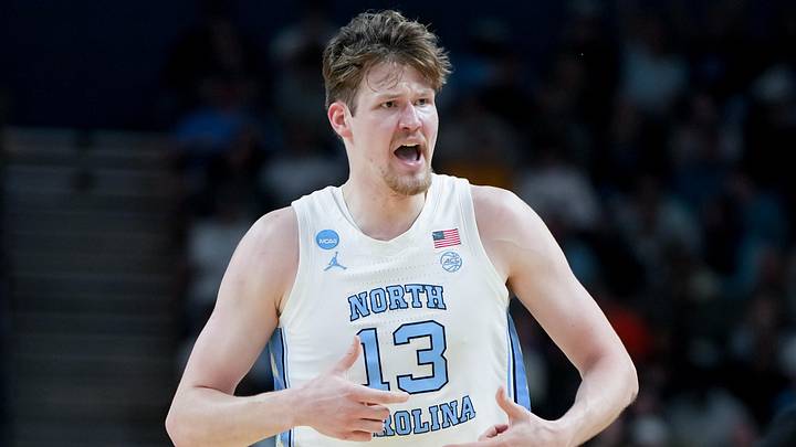 Mar 19, 2026; Greenville, SC, USA; North Carolina Tar Heels center Henri Veesaar (13) celebrates after a play against the VCU Rams in the first half of a first round game of the men's 2026 NCAA Tournament at Bon Secours Wellness Arena. Mandatory Credit: Bob Donnan-Imagn Images