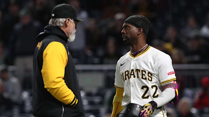 Apr 16, 2025; Pittsburgh, Pennsylvania, USA;  Pittsburgh Pirates right fielder Andrew McCutchen (22) yells at Washington Nationals relief pitcher Jorge Lopez (not pictured) after being brushed back by a high pitch during the seventh inning at PNC Park. Mandatory Credit: Charles LeClaire-Imagn Images