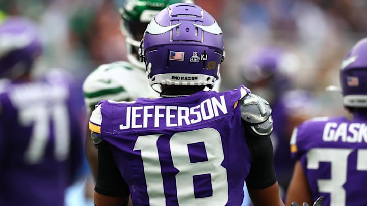 Oct 6, 2024; Tottenham, ENG; Minnesota Vikings Wide Receiver Justin Jefferson (18) in the 2nd Quarter against against New York Jets at Tottenham Hotspur Stadium. Mandatory Credit: Shaun Brooks-Imagn Images Oct 6, 2024; Tottenham, ENG; Minnesota Vikings Wide Receiver Justin Jefferson (18) in the 2nd Quarter against against New York Jets at Tottenham Hotspur Stadium. Mandatory Credit: Shaun Brooks-Imagn Images