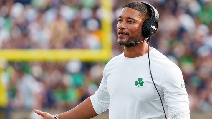 Notre Dame head coach Marcus Freeman during a NCAA football game against Rice at Notre Dame Stadium on Saturday, Sept. 12, 2026, in South Bend.