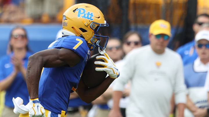 Sep 5, 2026; Pittsburgh, Pennsylvania, USA;  Pittsburgh Panthers wide receiver Malik Knight (7) runs on his way to scoring a touchdown against the Miami (OH) RedHawks during the first quarter at Acrisure Stadium.  Mandatory Credit: Charles LeClaire-Imagn Images