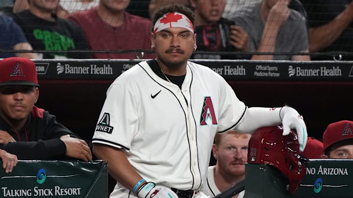 Jun 9, 2025; Phoenix, Arizona, USA; Arizona Diamondbacks first base Josh Naylor (22) gets ready to hit against the Seattle Mariners in the fourth inning at Chase Field. Mandatory Credit: Rick Scuteri-Imagn Images