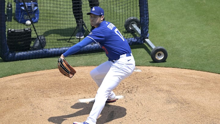 May 31, 2025; Los Angeles, California, USA;  Los Angeles Dodgers Shohei Ohtani (17) throws live batting practice prior to the game against the New York Yankees at Dodger Stadium. Mandatory Credit: Jayne Kamin-Oncea-Imagn Images
