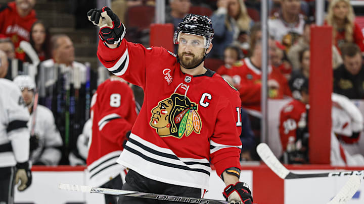 Oct 26, 2025; Chicago, Illinois, USA; Chicago Blackhawks left wing Nick Foligno (17) reacts during the first period of an NHL game against the Los Angeles Kings at United Center. Mandatory Credit: Kamil Krzaczynski-Imagn Images