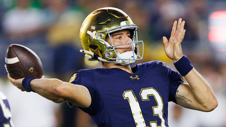 Notre Dame quarterback CJ Carr throws a pass in the second half of a NCAA football game against Texas A&M at Notre Dame Stadium on Saturday, Sept. 13, 2025, in South Bend. Notre Dame quarterback CJ Carr throws a pass in the second half of a NCAA football game against Texas A&M at Notre Dame Stadium on Saturday, Sept. 13, 2025, in South Bend.