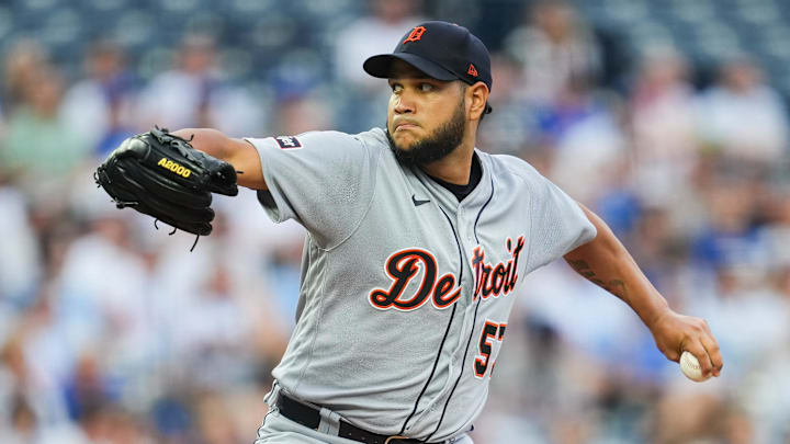 Jul 19, 2023; Kansas City, Missouri, USA; Detroit Tigers starting pitcher Eduardo Rodriguez (57)