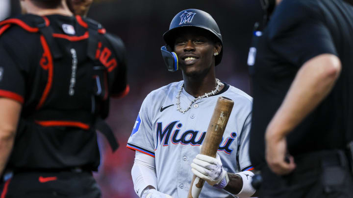 Jul 12, 2024; Cincinnati, Ohio, USA; Miami Marlins outfielder Jazz Chisholm Jr. (2) during the fifth inning against the Cincinnati Reds at Great American Ball Park. Mandatory Credit: Katie Stratman-USA TODAY Sports