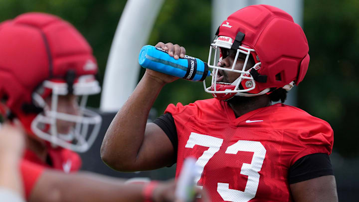 Georgia offensive lineman Juan Gaston (73) at the first day of fall practice in Athens, Georgia, on Thursday, July 31, 2025.