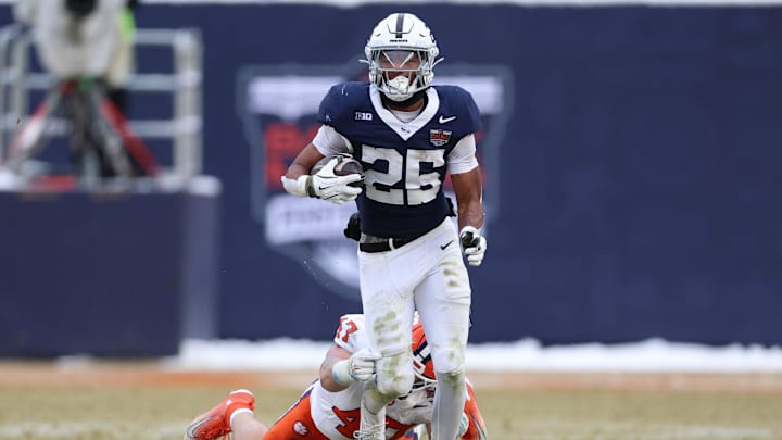 Penn State Nittany Lions running back Quinton Martin runs the ball against the Clemson Tigers during the second half of the 2025 Pinstripe Bowl at Yankee Stadium. 