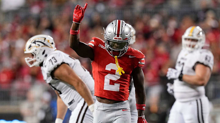 Ohio State safety Caleb Downs celebrates a play against Western Michigan.