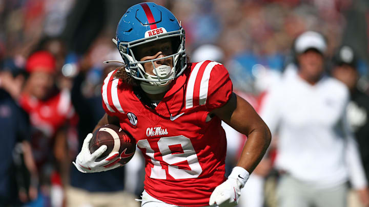 Oct 11, 2025; Oxford, Mississippi, USA; Mississippi Rebels wide receiver Cayden Lee (19) runs after a catch for a touchdown during the fourth quarter against the Washington State Cougars at Vaught-Hemingway Stadium. Mandatory Credit: Petre Thomas-Imagn Images