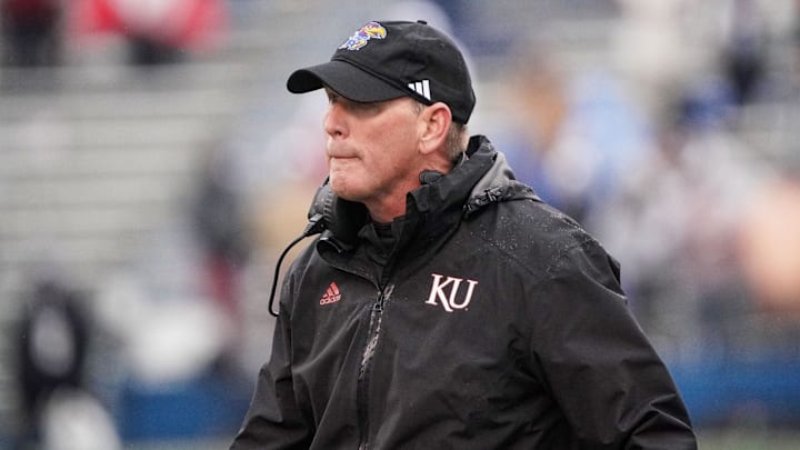 Oct 28, 2023; Lawrence, Kansas, USA; Kansas Jayhawks head coach Lance Leipold on the sidelines against the Oklahoma Sooners during the game at David Booth Kansas Memorial Stadium. Mandatory Credit: Denny Medley-Imagn Images Oct 28, 2023; Lawrence, Kansas, USA; Kansas Jayhawks head coach Lance Leipold on the sidelines against the Oklahoma Sooners during the game at David Booth Kansas Memorial Stadium. Mandatory Credit: Denny Medley-Imagn Images