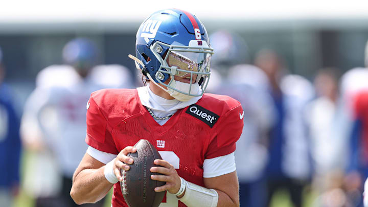 Aug 4, 2025; East Rutherford, NJ, USA;  New York Giants quarterback Jaxson Dart (6) drops back to pass during training camp at Quest Diagnostics Training Center. Mandatory Credit: Vincent Carchietta-Imagn Images