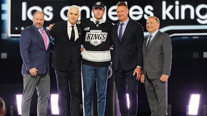 Jun 28, 2024; Las Vegas, Nevada, USA; Liam Greentree is selected by the Los Angeles Kings with the 26th overall pick in the first round of the 2024 NHL Draft at The Sphere. Mandatory Credit: Stephen R. Sylvanie-Imagn Images