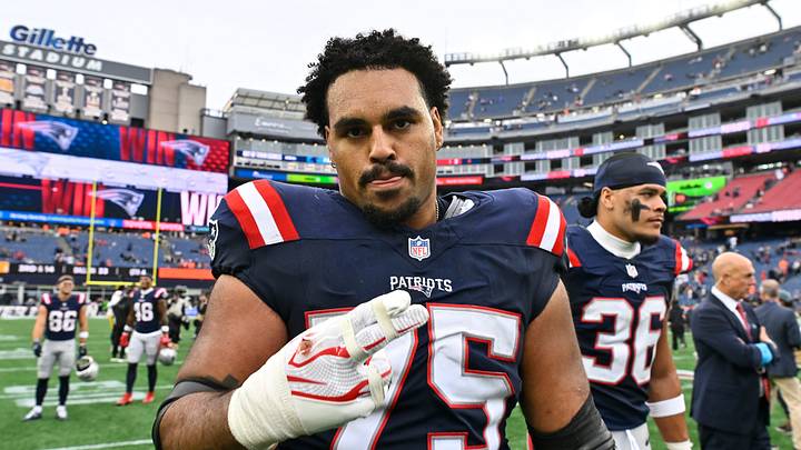 September 20, 2026; Foxborough, Massachusetts, USA; New England Patriots guard Alijah Vera-Tucker (75) Mandatory Credit: Eric Canha-Imagn Images
