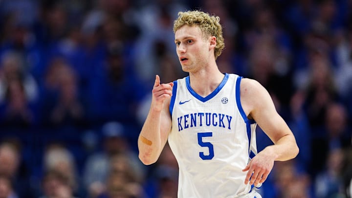 Mar 4, 2025; Lexington, Kentucky, USA; Kentucky Wildcats guard Collin Chandler (5) reacts after making a three-point basket during the first half against the LSU Tigers at Rupp Arena at Central Bank Center. Mandatory Credit: Jordan Prather-Imagn Images