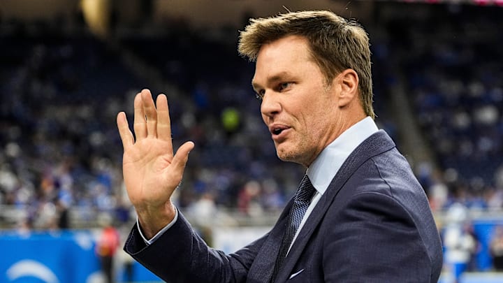 Tom Brady waves at Detroit Lions fans at Ford Field in Detroit on Sunday, November 2, 2025.