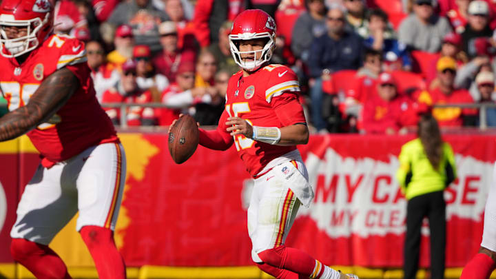 Nov 23, 2025; Kansas City, Missouri, USA; Kansas City Chiefs quarterback Patrick Mahomes (15) looks to pass against the Indianapolis Colts in the second quarter at GEHA Field at Arrowhead Stadium. Mandatory Credit: Denny Medley-Imagn Images
