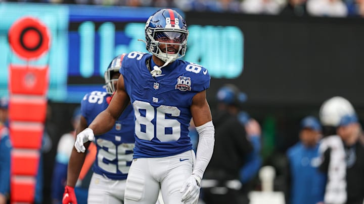 Dec 29, 2024; East Rutherford, New Jersey, USA; New York Giants wide receiver Darius Slayton (86) celebrates after scoring a touchdown reception during the first half against the Indianapolis Colts at MetLife Stadium.  