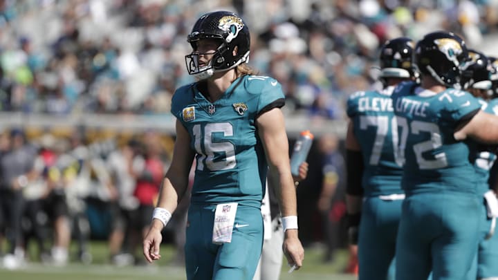 Oct 12, 2025; Jacksonville, Florida, USA; Jacksonville Jaguars quarterback Trevor Lawrence (16) looks on after a play during the first half against the Seattle Seahawks at EverBank Stadium. Mandatory Credit: Travis Register-Imagn Images