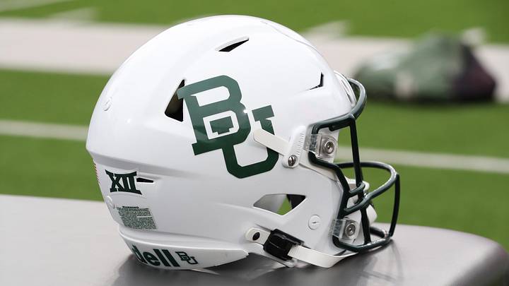 Oct 19, 2024; Lubbock, Texas, USA;  A general view of a Baylor Bears helmet on the sidelines before the game against the Texas Tech Red Raiders at Jones AT&T Stadium and Cody Campbell Field.