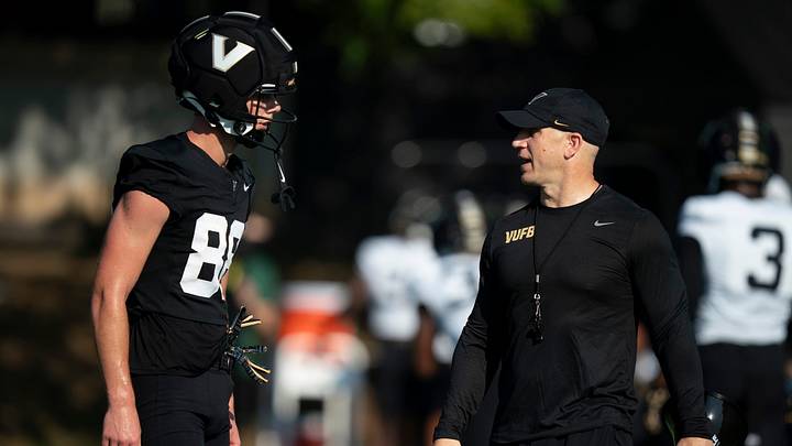 Vanderbilt wide receiver Wils Jackson talks with Coach Clark Lea during practice at Vanderbilt University Wednesday, Aug. 5, 2026.
