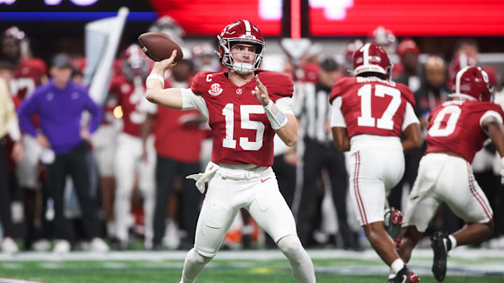Dec 6, 2025; Atlanta, GA, USA; Alabama Crimson Tide quarterback Ty Simpson (15) throws a pass during the second quarter against the Georgia Bulldogs during the 2025 SEC Championship game at Mercedes-Benz Stadium. Mandatory Credit: Brett Davis-Imagn Images