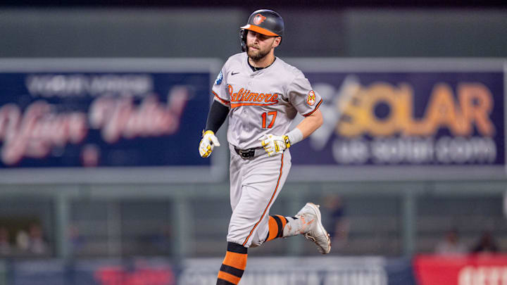 Sep 27, 2024; Minneapolis, Minnesota, USA; Baltimore Orioles left fielder Colton Cowser (17) runs after hitting a home run off Minnesota Twins pitcher Caleb Thielbar (56) in the seventh inning at Target Field.