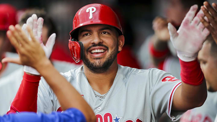 Aug 16, 2022; Cincinnati, Ohio, USA; Philadelphia Phillies first baseman Darick Hall (25) high fives teammates after hitting a solo home run in the third inning against the Cincinnati Reds at Great American Ball Park Aug 16, 2022; Cincinnati, Ohio, USA; Philadelphia Phillies first baseman Darick Hall (25) high fives teammates after hitting a solo home run in the third inning against the Cincinnati Reds at Great American Ball Park