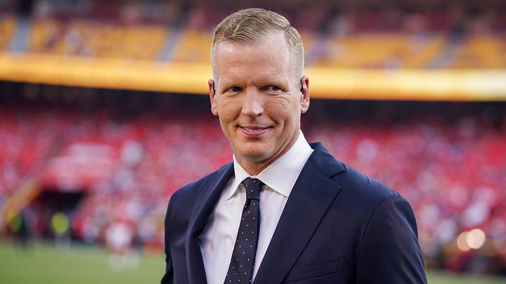 Sep 7, 2023; Kansas City, Missouri, USA; NBC Sports analyst Chris Simms on field prior to a game between the Kansas City Chiefs and Detroit Lions at GEHA Field at Arrowhead Stadium. Mandatory Credit: Denny Medley-USA TODAY Sports