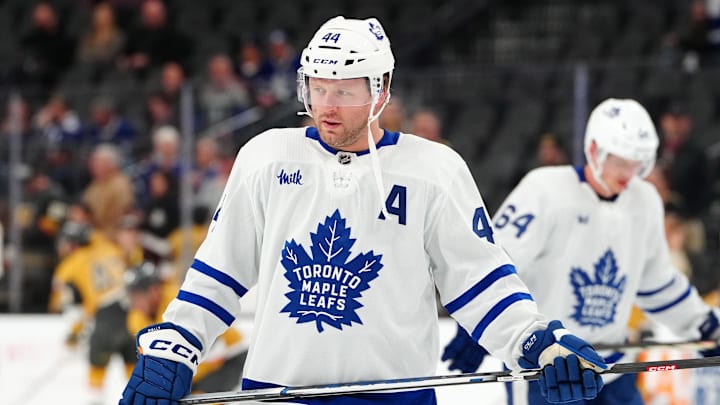 Feb 22, 2024; Las Vegas, Nevada, USA; Toronto Maple Leafs defenseman Morgan Rielly (44) warms up before a game against the Vegas Golden Knights at T-Mobile Arena. Mandatory Credit: Stephen R. Sylvanie-Imagn Images