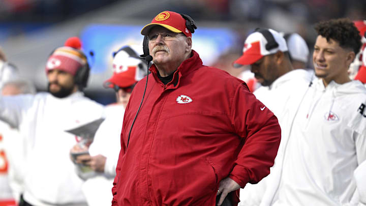 Jan 7, 2024; Inglewood, California, USA; Kansas City Chiefs head coach Andy Reid (front, center)