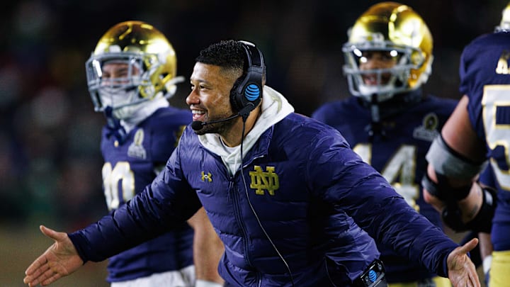 Notre Dame head coach Marcus Freeman celebrates a touchdown scored during the first round of the College Football Playoff between Notre Dame and Indiana at Notre Dame Stadium on Friday, Dec. 20, 2024, in South Bend.