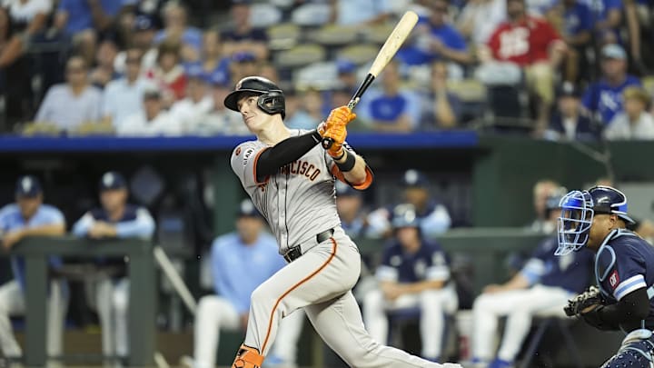 Sep 20, 2024; Kansas City, Missouri, USA; San Francisco Giants first baseman Mark Canha (16) bats during the first inning against the Kansas City Royals at Kauffman Stadium. Mandatory Credit: Jay Biggerstaff-Imagn Images Sep 20, 2024; Kansas City, Missouri, USA; San Francisco Giants first baseman Mark Canha (16) bats during the first inning against the Kansas City Royals at Kauffman Stadium. Mandatory Credit: Jay Biggerstaff-Imagn Images