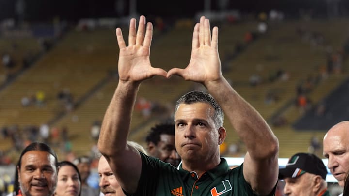Oct 5, 2024; Berkeley, California, USA; Miami Hurricanes head coach Mario Cristobal gestures after defeating the California Golden Bears at California Memorial Stadium. Mandatory Credit: Darren Yamashita-Imagn Images