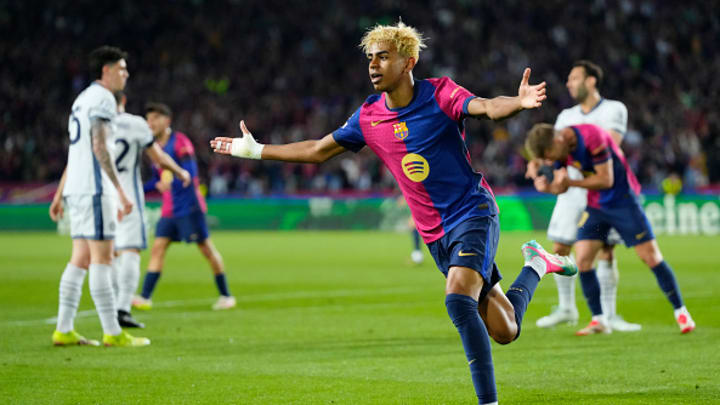 Barcelona winger Lamine Yamal celebrates a goal against Inter Milan in the UEFA Champions League semifinal. 