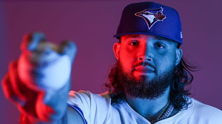 Feb 21, 2025; Dunedin, FL, USA; Toronto Blue Jays pitcher Alek Manoah (6) participates in media day at the Blue Jays Player Development Complex. Mandatory Credit: Nathan Ray Seebeck-Imagn Images