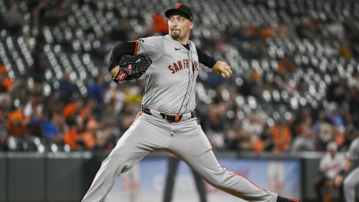 Sep 17, 2024; Baltimore, Maryland, USA;  San Francisco Giants pitcher Blake Snell (7) throws a second inning pitch against the Baltimore Orioles at Oriole Park at Camden Yards. 