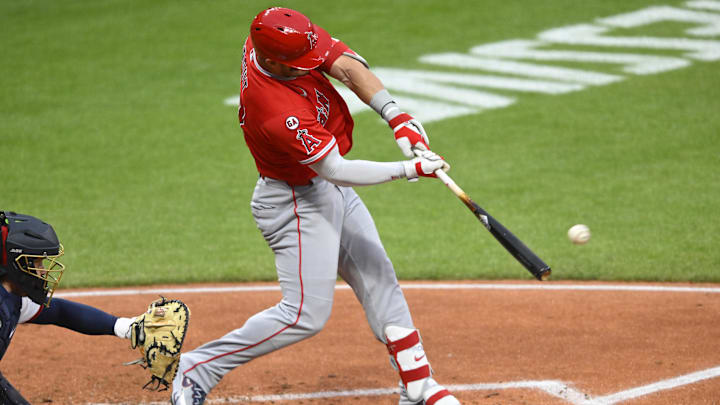 May 12, 2026; Cleveland, Ohio, USA; Los Angeles Angels center fielder Mike Trout (27) doubles in the fifth inning against the Cleveland Guardians at Progressive Field. Mandatory Credit: David Richard-Imagn Images May 12, 2026; Cleveland, Ohio, USA; Los Angeles Angels center fielder Mike Trout (27) doubles in the fifth inning against the Cleveland Guardians at Progressive Field. Mandatory Credit: David Richard-Imagn Images