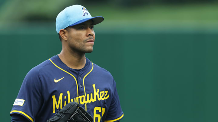 Sep 6, 2025; Pittsburgh, Pennsylvania, USA;  Milwaukee Brewers pitcher Jose Quintana (62) looks on before the game against the Pittsburgh Pirates at PNC Park. Mandatory Credit: Charles LeClaire-Imagn Images