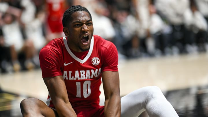 Nov 15, 2024; West Lafayette, Indiana, USA;  Alabama Crimson Tide forward Mouhamed Dioubate (10) reacts to a call during the first half against the Purdue Boilermakers at Mackey Arena. Mandatory Credit: Marc Lebryk-Imagn Images
